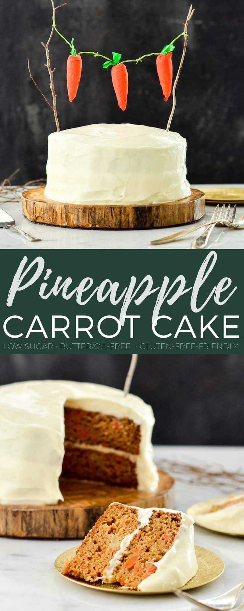 This Healthy Carrot Pineapple Cake is a lightened-up version of everyone’s favorite spring dessert! It is low-sugar, has no butter or oil and can easily be made gluten-free! #carrotcake #dessert #healthyrecipe #recipe #dairyfree #oilfree