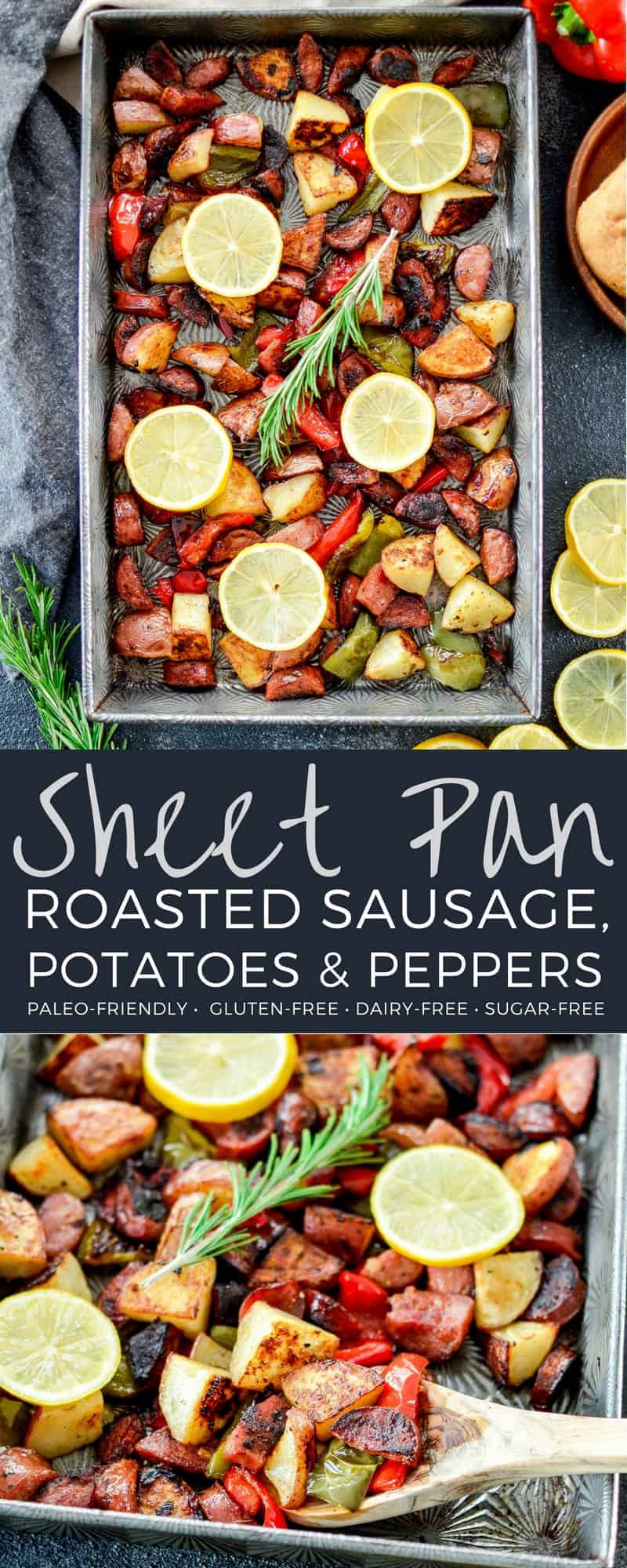 Sheet Pan Roasted Sausage & Potatoes with peppers! An easy, one-pan recipe made with only 6 ingredients! A perfect quick, easy & healthy dinner! Gluten-free, dairy-free and paleo-friendly! #sheetpan #dinner #maindish #roasted #potatoes #sausage #peppers #familydinner #glutenfree #dairyfree #paleo