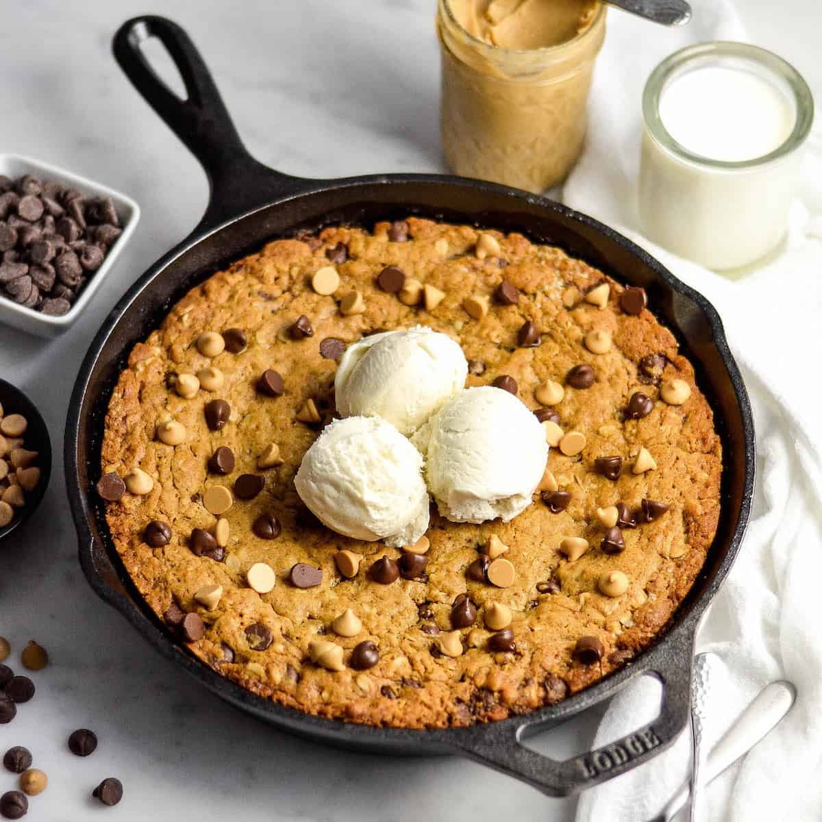 Healthy Skillet Peanut Butter Cookie with three scoops of ice cream on top