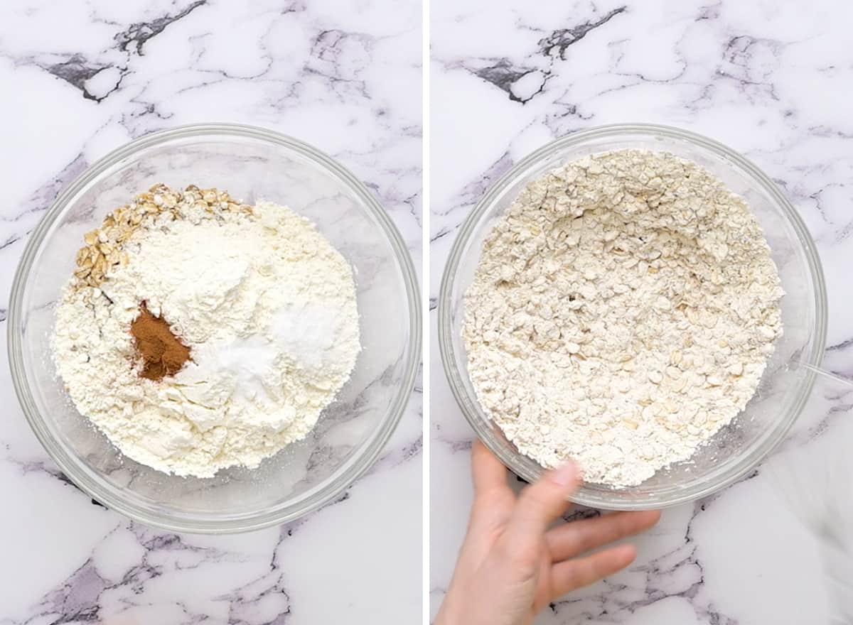 two photos showing How to Make a Skillet Peanut Butter Cookie - combining dry ingredients. 