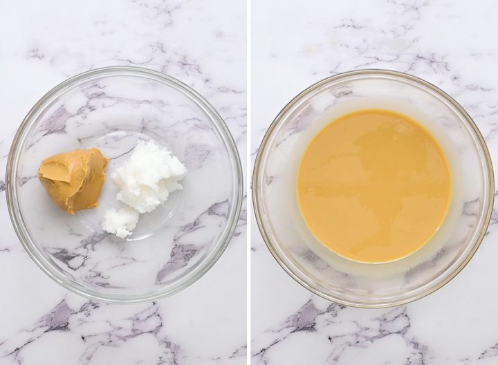 two photos showing How to Make a Skillet Peanut Butter Cookie - melting peanut butter and coconut oil