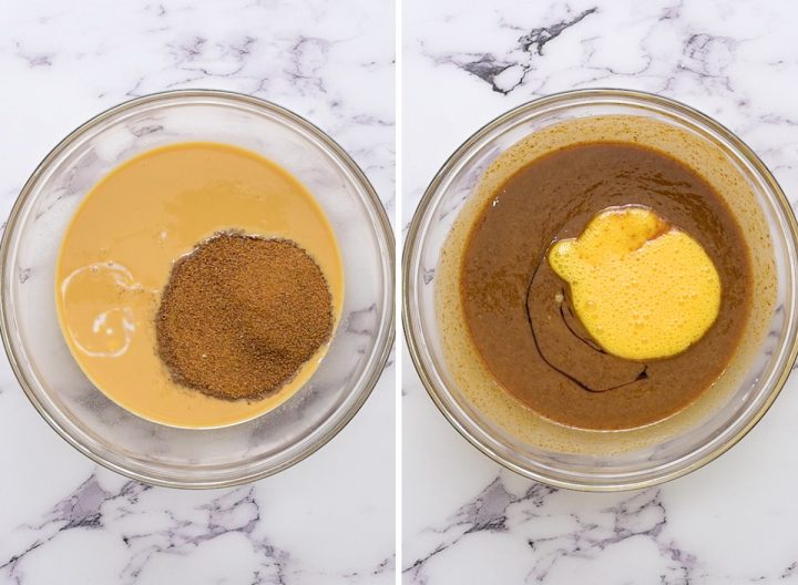 two photos showing How to Make a Skillet Peanut Butter Cookie - combining wet ingredients & sugar