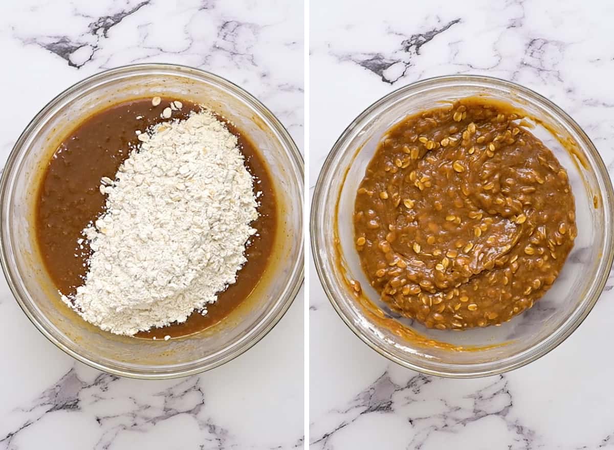 two photos showing How to Make a Skillet Peanut Butter Cookie - combining wet and dry ingredients
