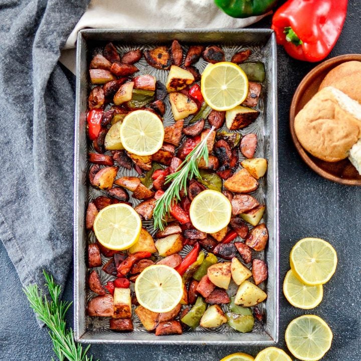 Overhead view of Sheet Pan Roasted Sausage & Potatoes with Peppers