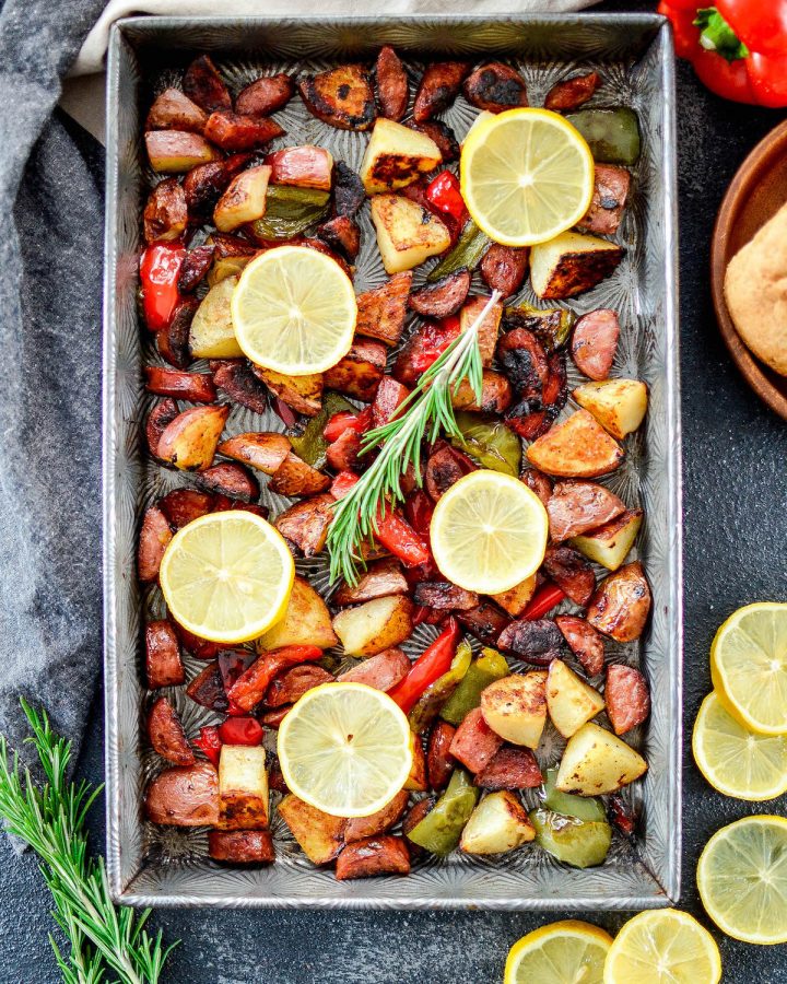 Front view of Sheet Pan Roasted Sausage & Potatoes with Peppers