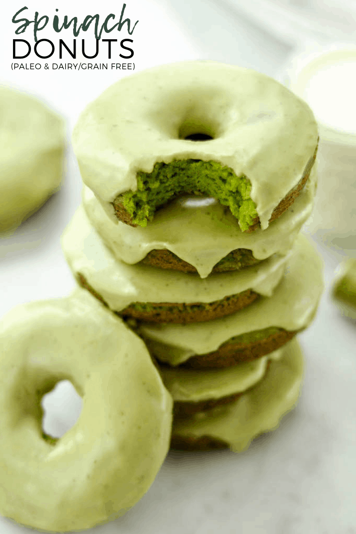 Baked Paleo Spinach Donuts with Matcha Glaze are a healthy breakfast full of sneaky veggies! No food coloring needed to make these donuts naturally green! #paleo #donuts #baked #glutenfree #grainfree #dairyfree #naturallygreen #matcha #spinach #breakfast