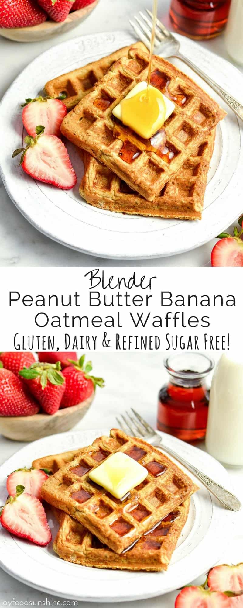 These Blender Peanut Butter Banana Oatmeal Waffles are a delicious healthy breakfast recipe! They are gluten-free, dairy-free, refined sugar free and have no butter or oil!