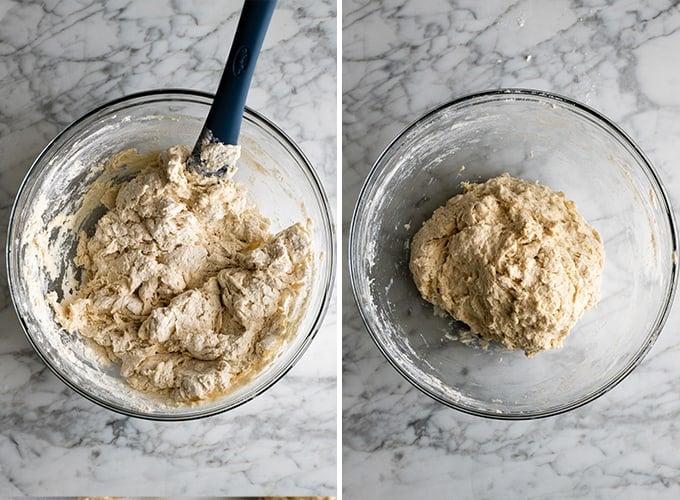 zwei Überkopf-Fotos, die zeigen, wie man ein Brot ohne Kneten macht