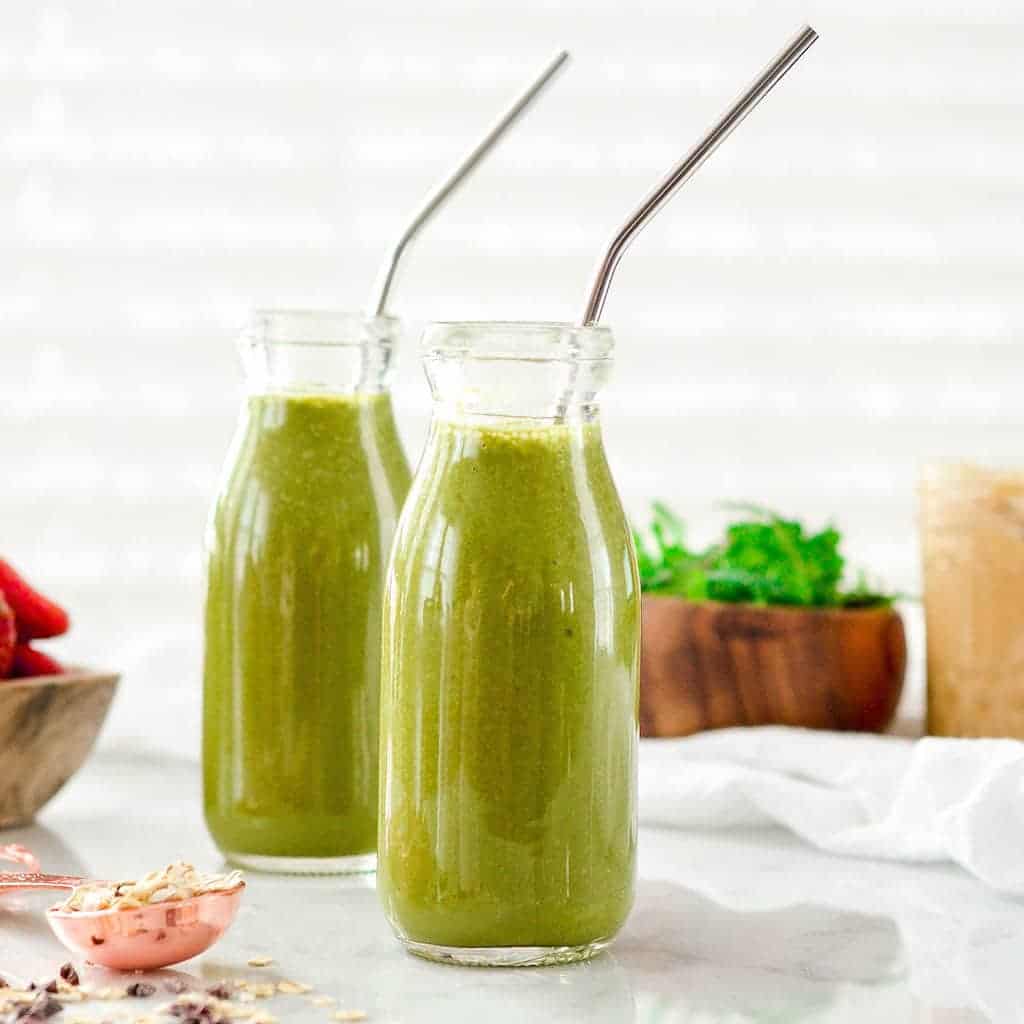 front view of two bottles of Chocolate Peanut Butter Green Smoothie 