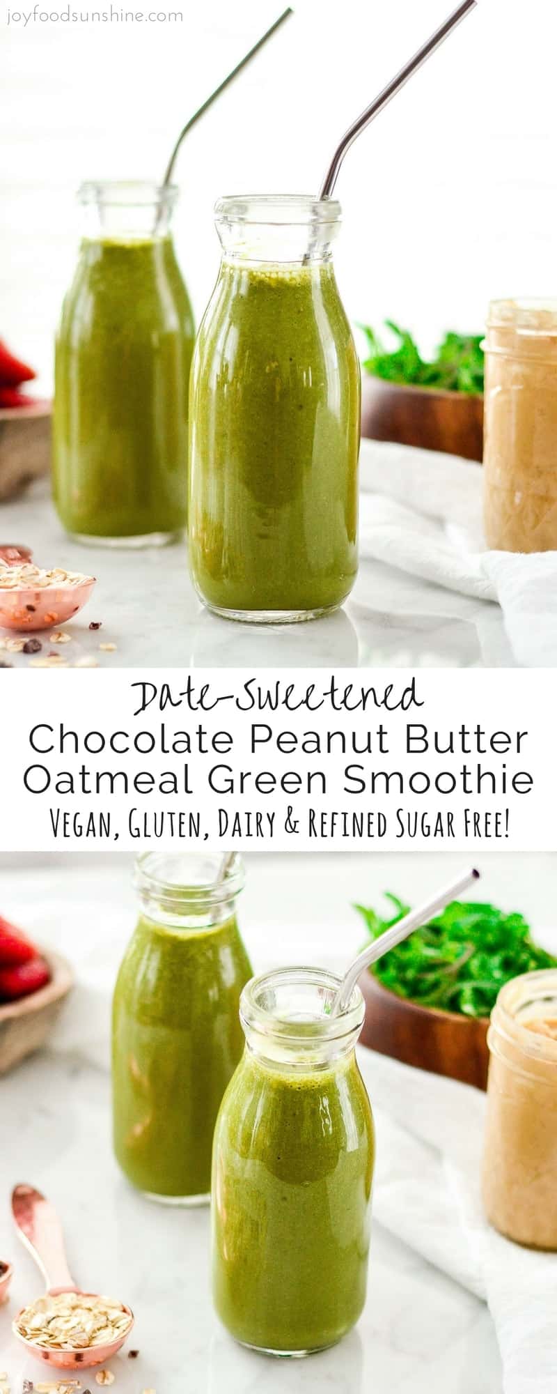 This Chocolate Peanut Butter Green Smoothie has no added sugar or protein powders! It's an entire breakfast in a glass! Vegan, gluten free and dairy free! #greensmoothie #breakfast #recipe #vitamix #chocolate #peanutbutter