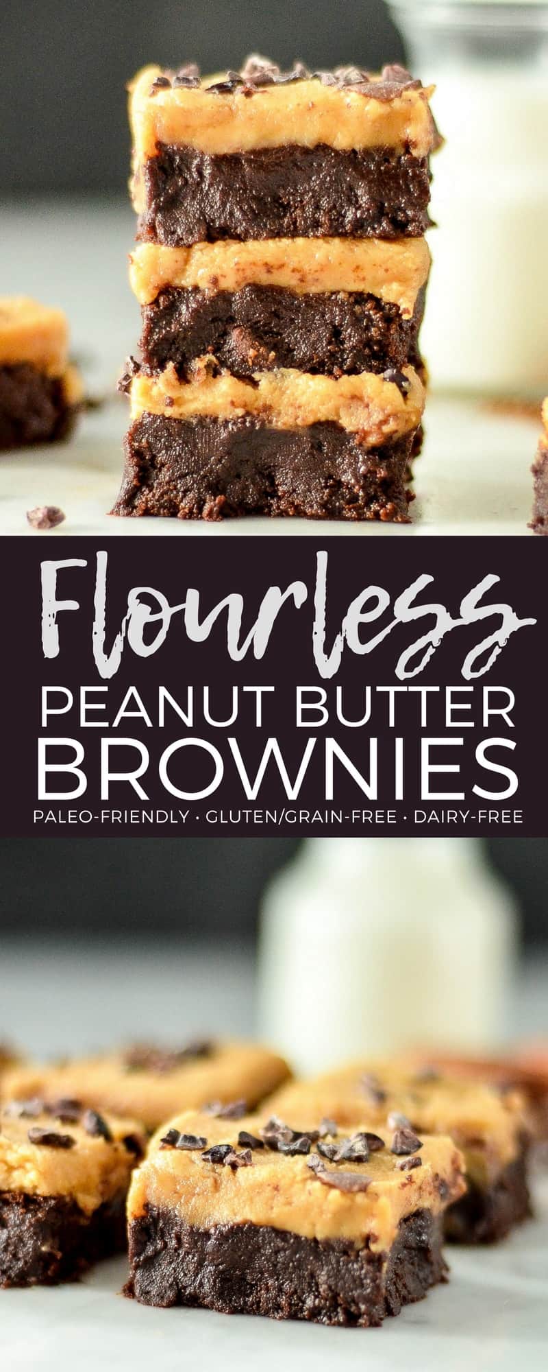 These Flourless Peanut Butter Brownies are made with only 9 ingredients that you probably already have in your pantry! They're ultra fudgy, super gooey and irresistibly chocolatey! Plus they're gluten-free, dairy-free and refined sugar free! The perfect healthier dessert for chocolate peanut butter lovers! #brownies #peanutbutter #flourless #glutenfree #grainfree #healthydessert