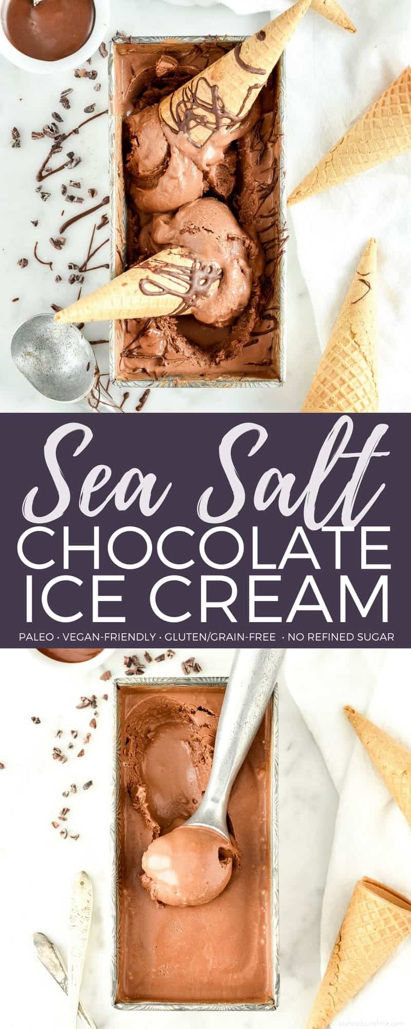 This Paleo Sea Salt Chocolate Ice Cream recipe has only 7 ingredients and is SO easy to make! It’s a perfect healthy summer dessert! Paleo, gluten-free, dairy-free, refined sugar free and vegan! #homemade #icecream #dairyfree #glutenfree #paleo #vegan #chocolate #seasalt #dessert #healthy #recipe
