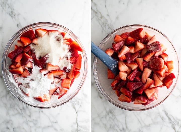 two overhead photos showing how to make strawberry pie