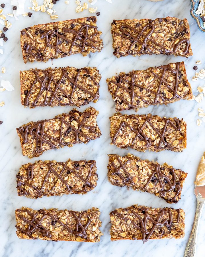 Overhead view of 10 Homemade Peanut Butter Granola Bars recipe cut into rectangles