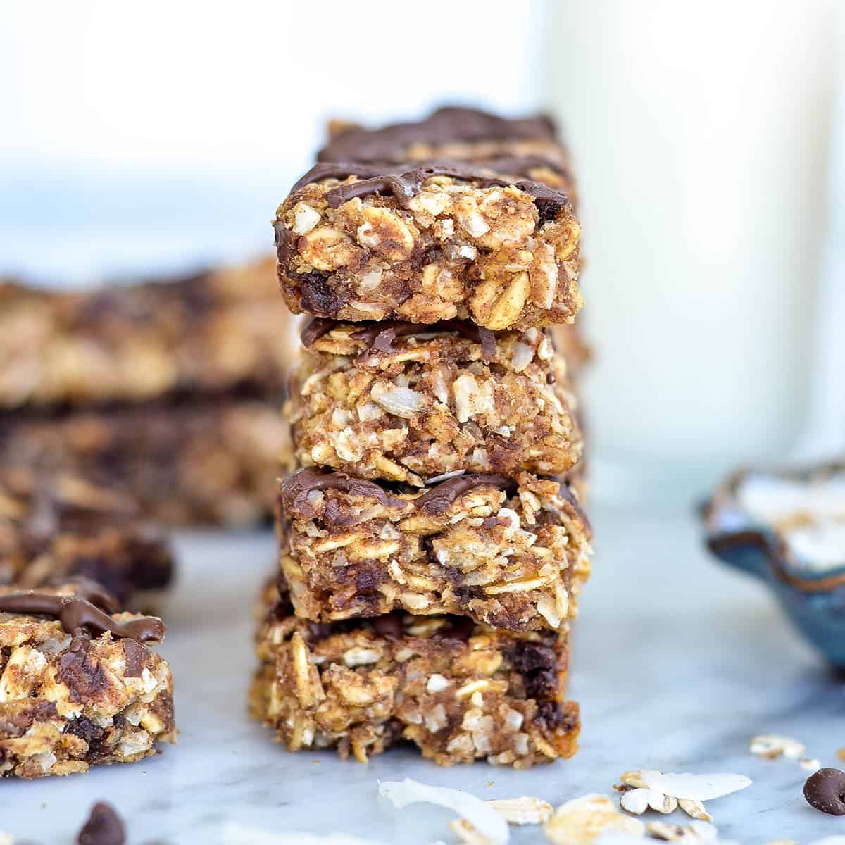 front view of a stack of four Homemade Peanut Butter Granola Bars recipe