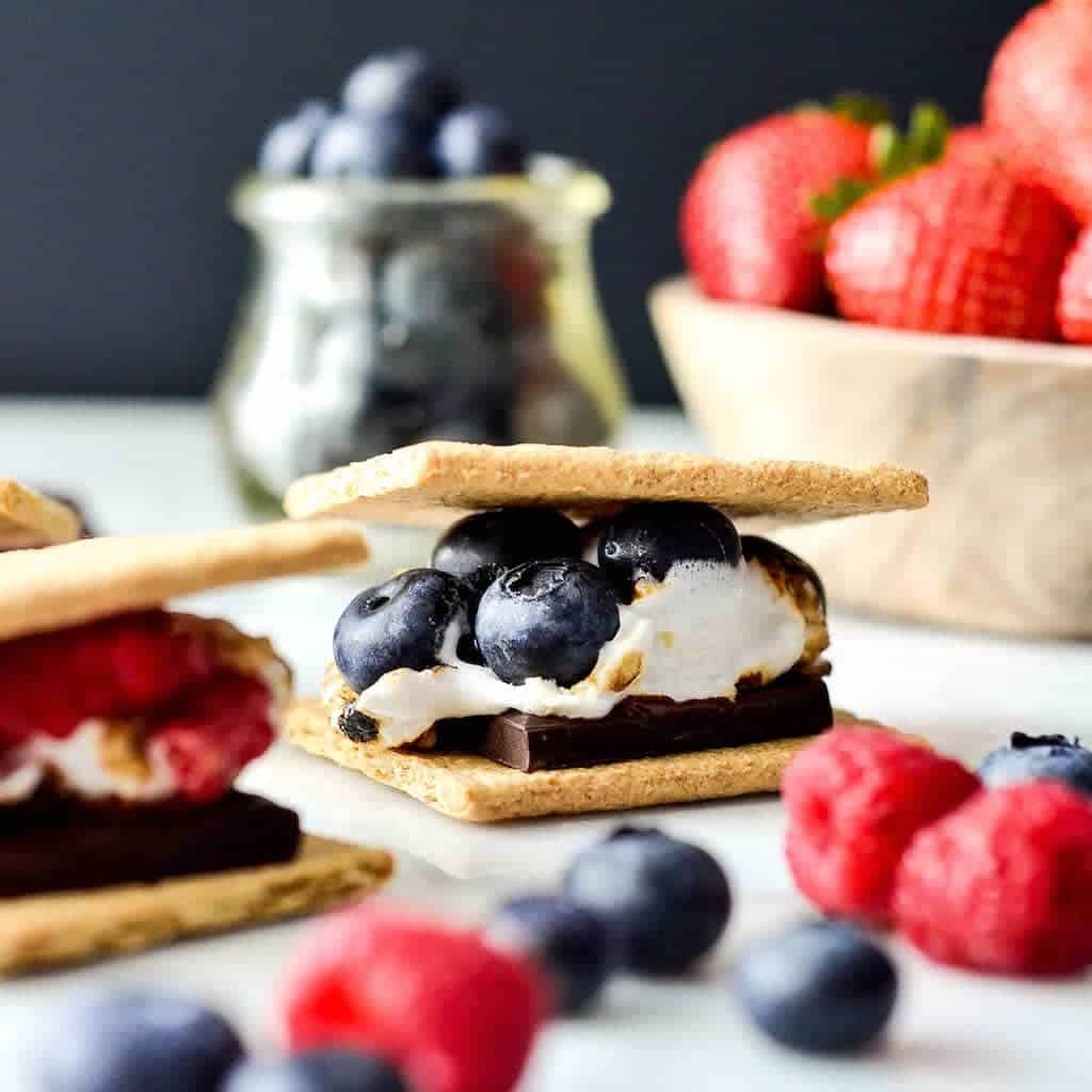 Front view of one Dark Chocolate S'mores with Fresh Berries