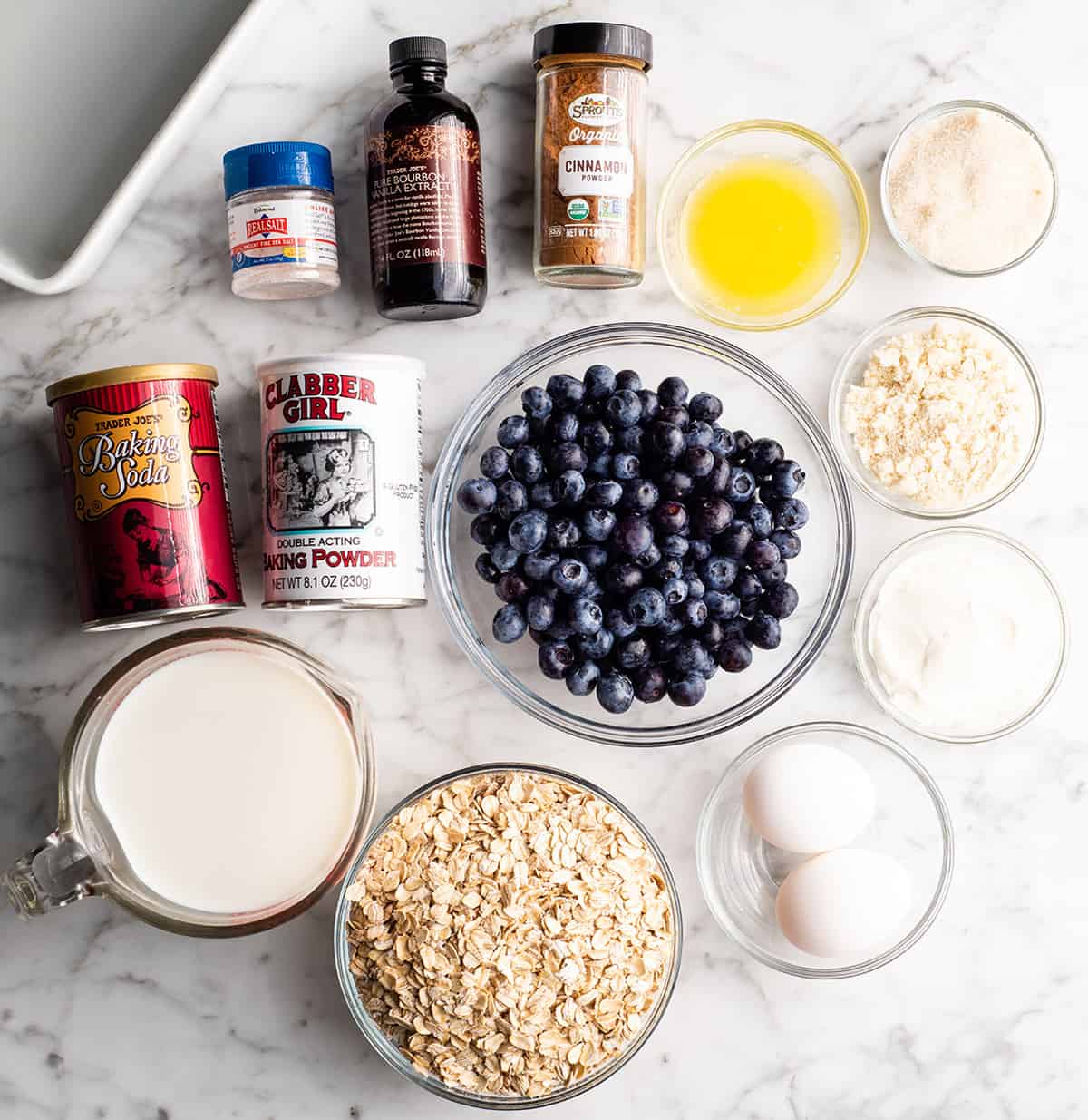 overhead photo of the ingredients in this blueberry baked oatmeal recipe
