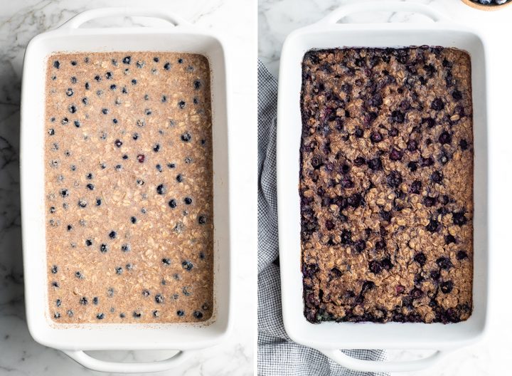 two overhead photos showing how to make blueberry baked oatmeal
