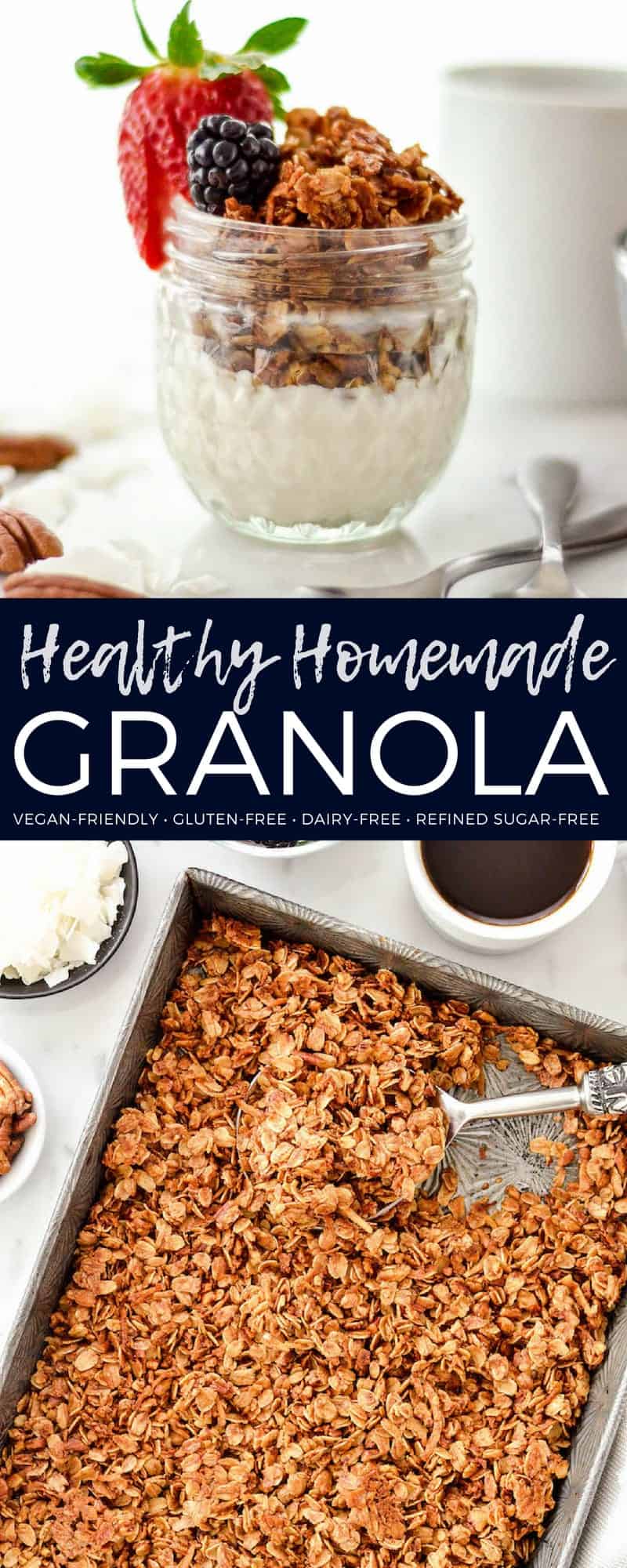 Healthy Granola Recipe with Pecans & Coconut is made with only 8 ingredients and ready in 30 minutes! It's gluten-free, dairy-free vegan and has no refined sugar! The perfect healthy breakfast or snack! #homemade #granola #healthygranola #granolarecipe