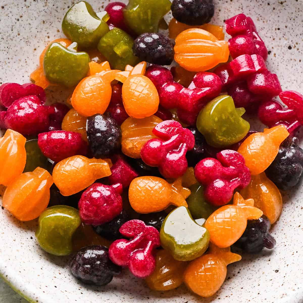 up close photo of Homemade Fruit Snacks in a bowl