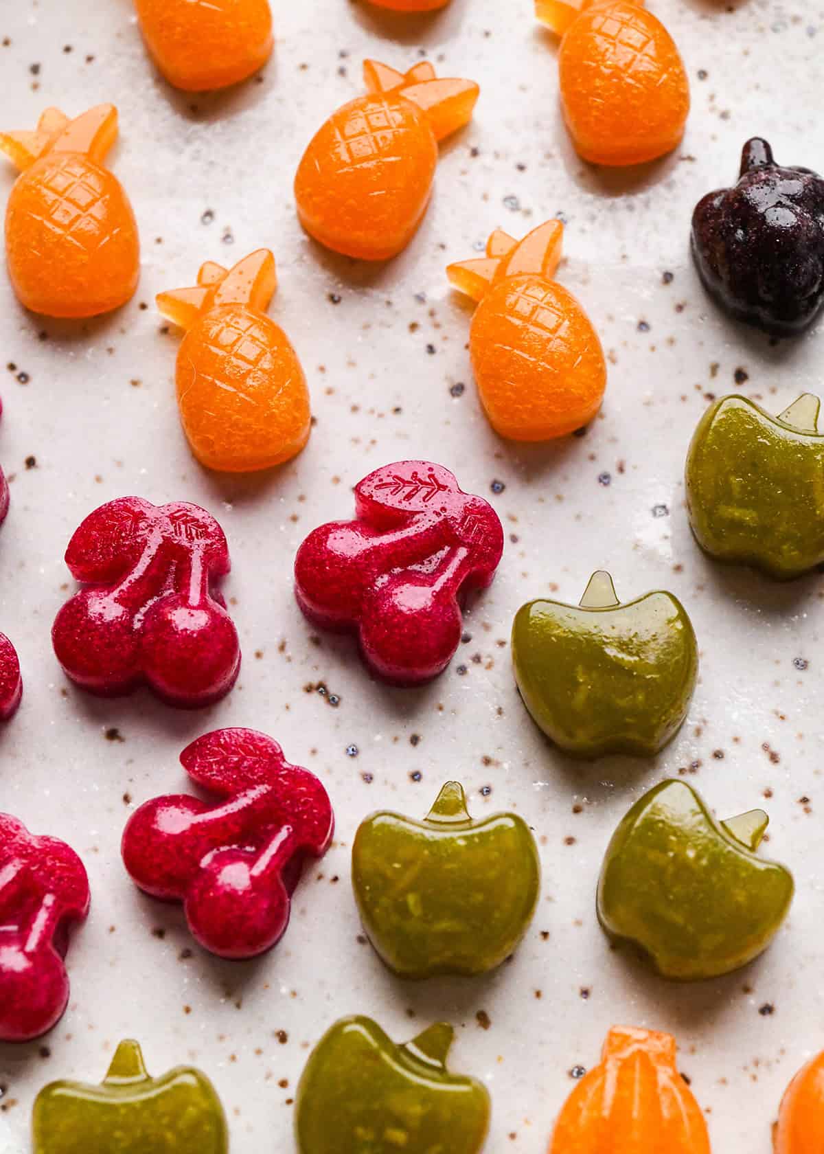 Homemade Fruit Snacks spread out on a baking sheet