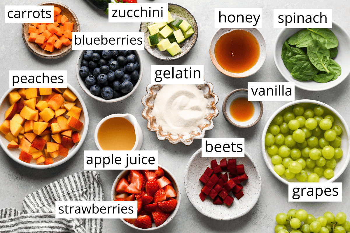 overhead photo of the labeled ingredients in this Homemade Fruit Snacks recipe