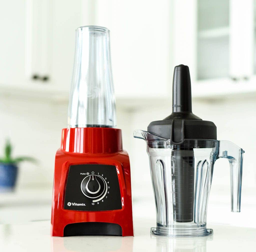 Front view of a red Vitamix S-30 blender in this post answering the question Which Vitamix is the Best? (Vitamix Comparison & Buying Guide)