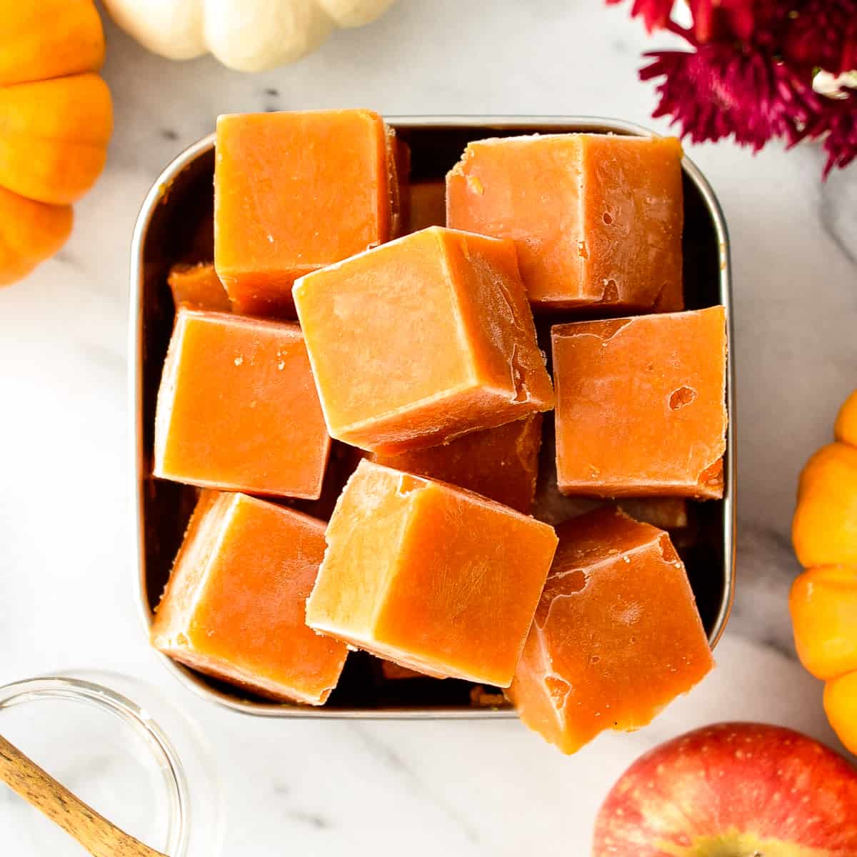 Overhead view of frozen cubes of Homemade Apple & Pumpkin Baby Food