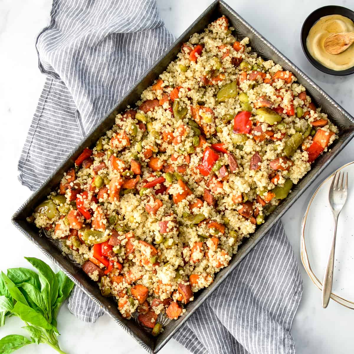 Overhead view of Roasted Vegetable Quinoa Salad in the baking pan