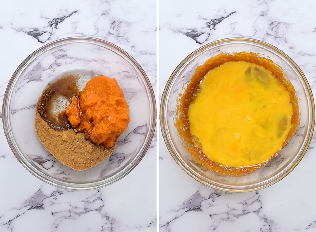 two photos showing How to Make Paleo Pumpkin Muffins - combining wet ingredients