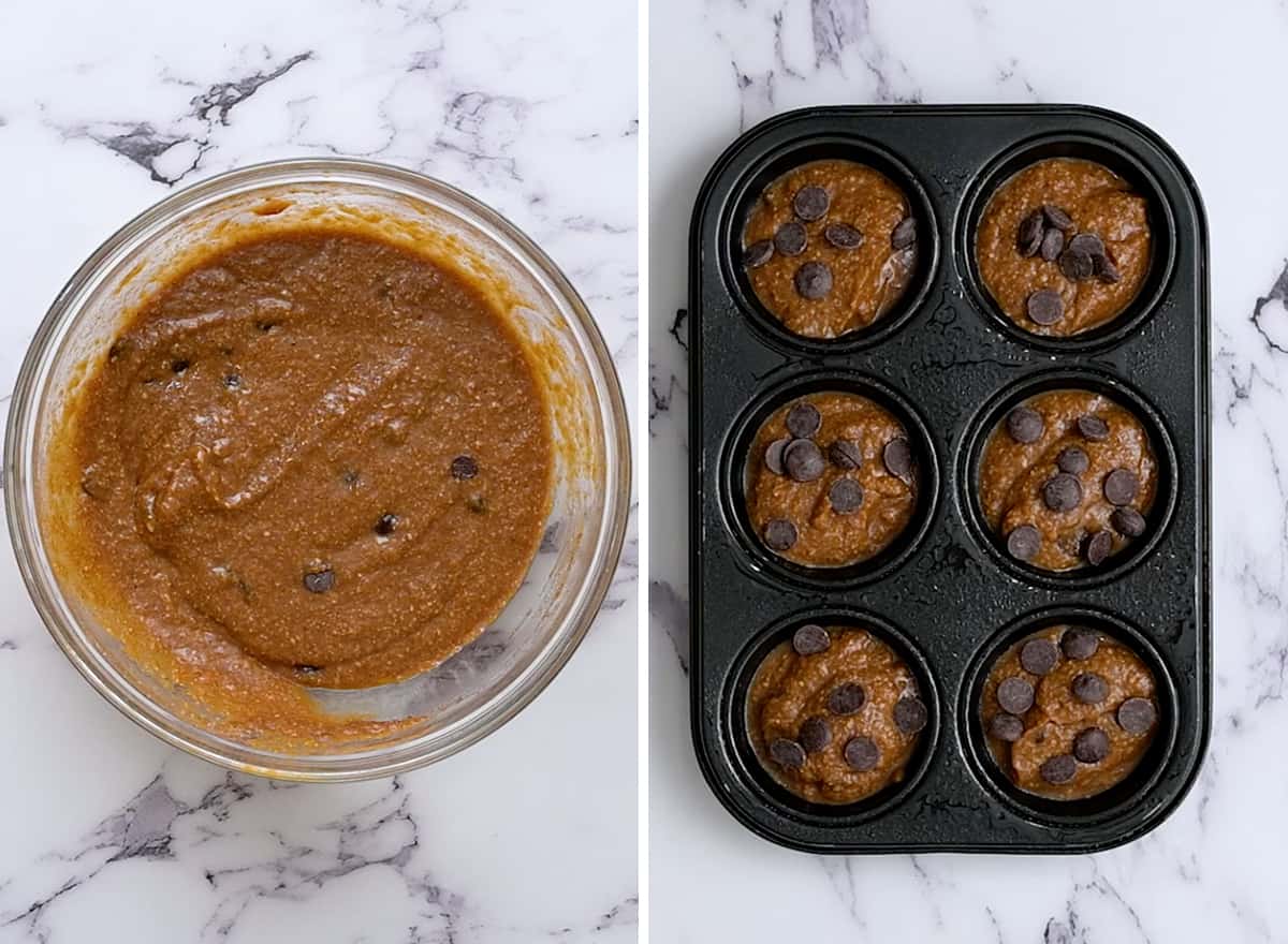 two photos showing How to Make Paleo Pumpkin Muffins - batter after thickened plus in a muffin tin before being baked. 
