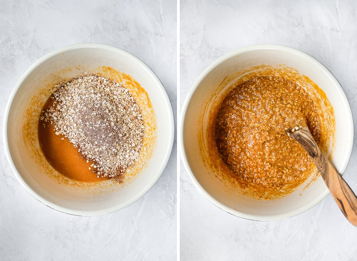 two overhead photos showing how to make pumpkin baked oatmeal