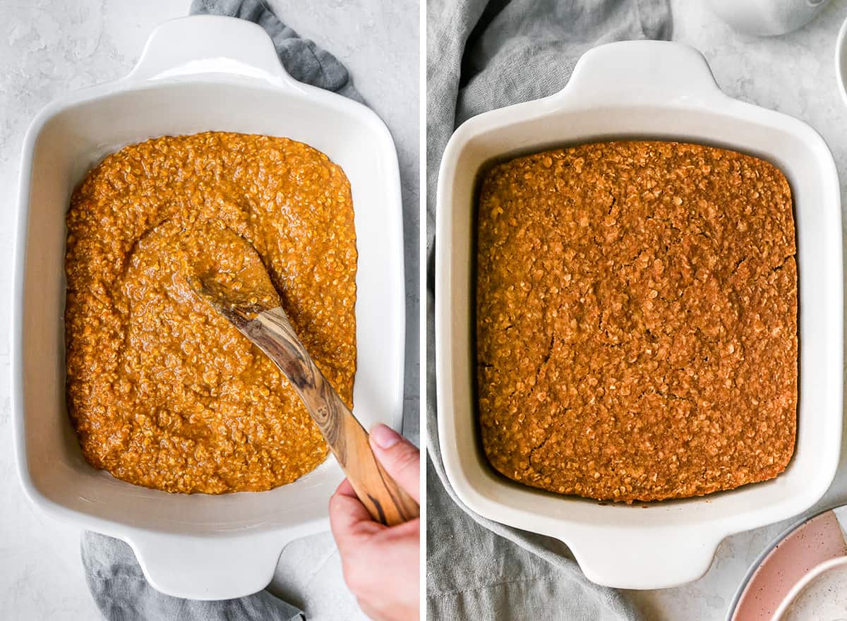 two overhead photos showing how to make pumpkin baked oatmeal