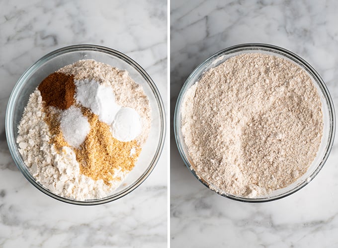 two overhead photos showing how to make whole wheat pancakes