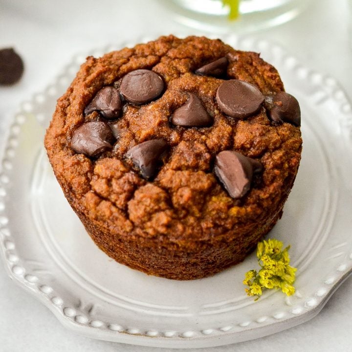 a Paleo Pumpkin Muffin with chocolate chips on a plate
