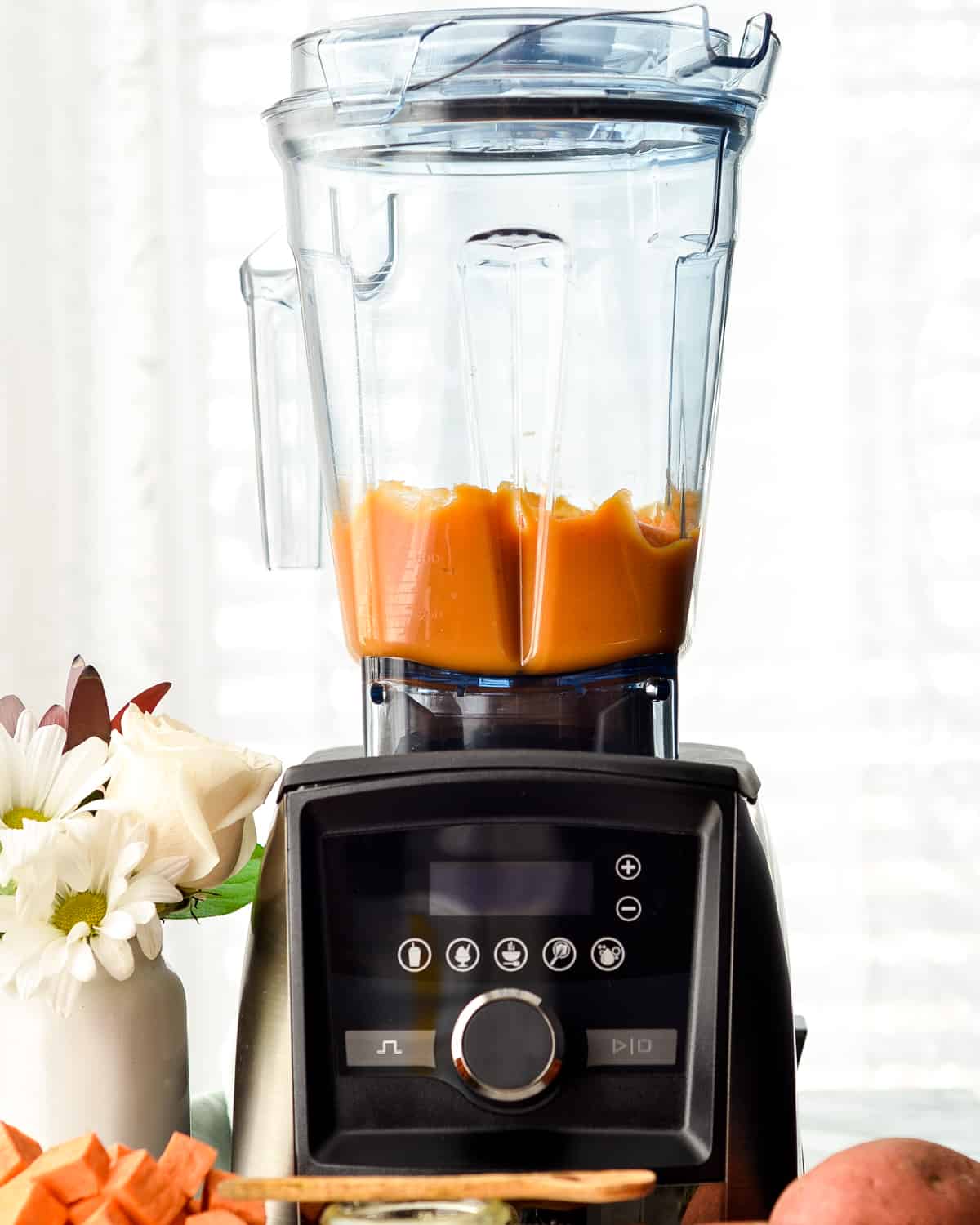 Front view of Sweet Potato Baby Food recipe in the vitamix blender after being pureed