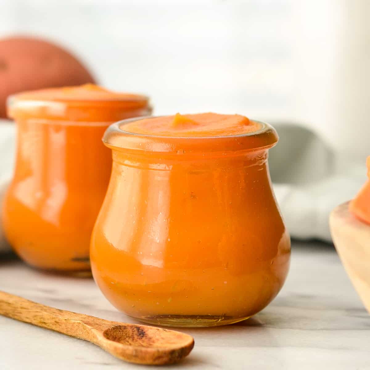 Front view of two jars of Sweet Potato Baby Food 