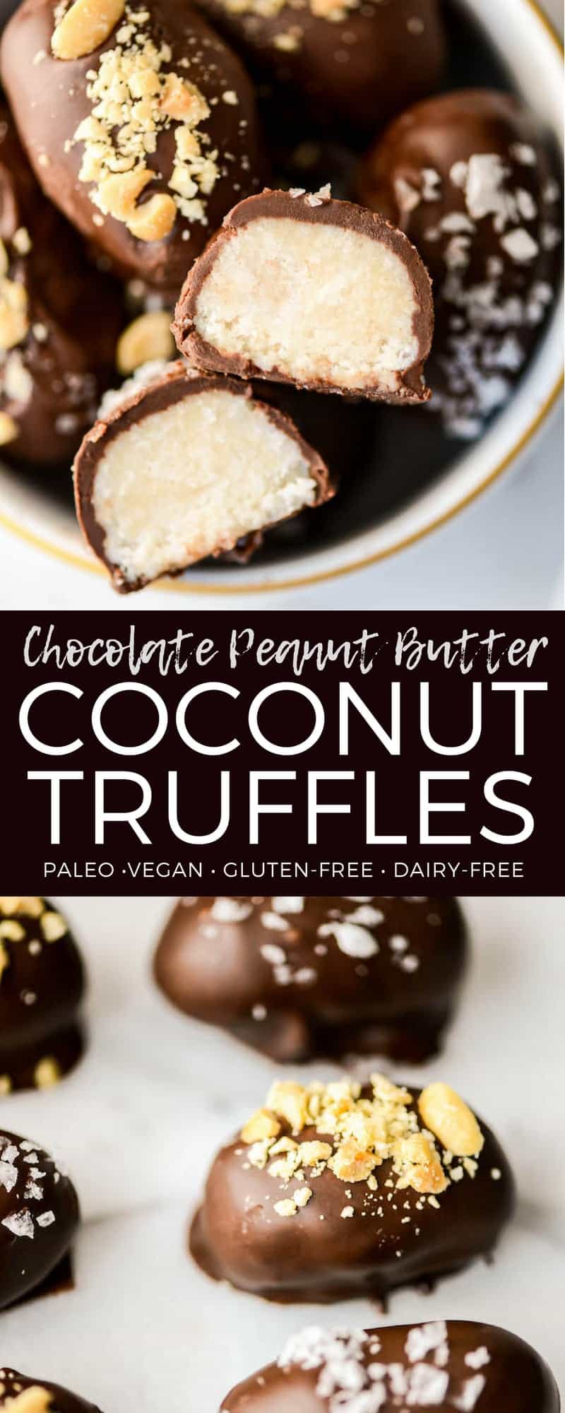 Peanut Butter Chocolate Coconut Truffles! A healthy candy recipe that's the perfect alternative for Halloween candy! Gluten & grain-free, vegan, dairy-free! #chocolatetruffles #coconuttruffles #truffles #homemade #candy #recipe #glutenfree #dairyfree #vegan #paleo