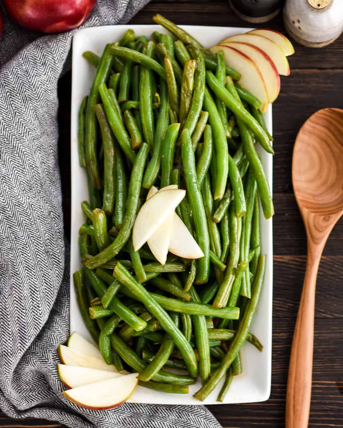 Overhead view of Sautéed Green Beans Recipe with Apple Cider on a serving dish