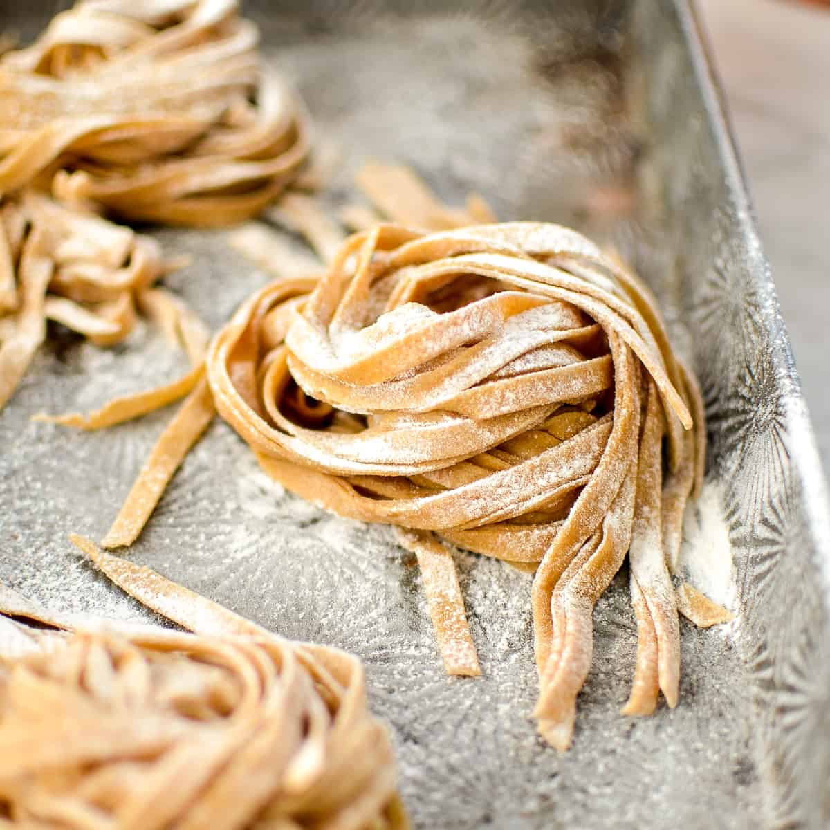 front view of a stack of raw Homemade Whole Wheat Pasta 
