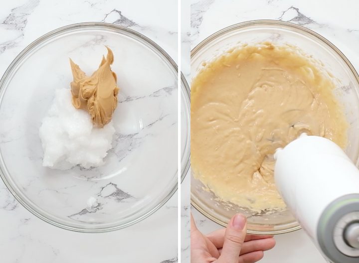 two photos showing how to make vegan peanut butter frosting