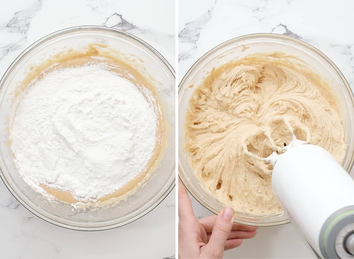 two photos showing how to make vegan peanut butter frosting