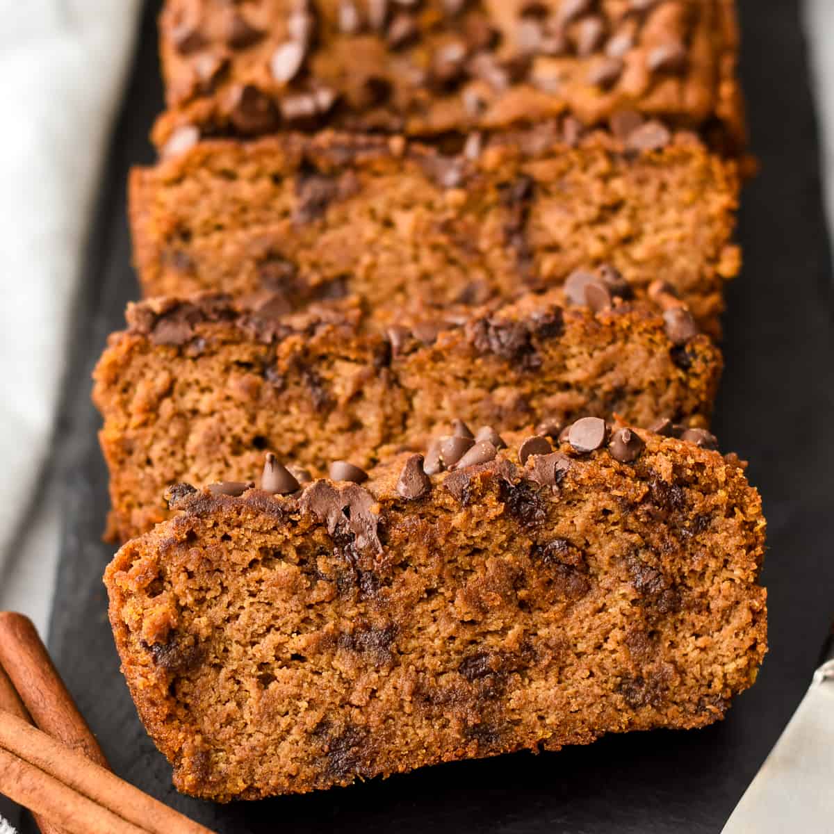 3 slices of paleo pumpkin bread with chocolate chips