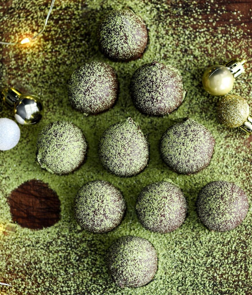 10 Healthy Matcha Truffles arranged in the shape of a Christmas tree