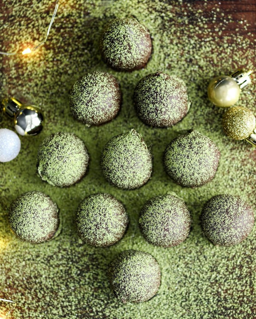 Healthy Matcha Truffles arranged in the shape of a Christmas tree