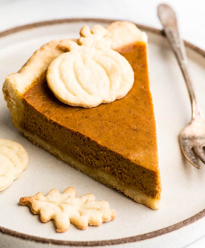 Overhead view of a slice of pumpkin pie