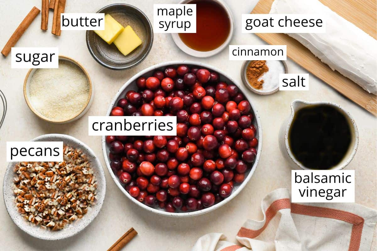 overhead photo of the labeled ingredients in this Cranberry Goat Cheese Appetizer recipe