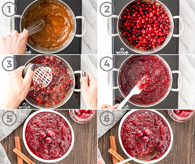 collage of 6 photos showing how to make Healthy Cranberry Sauce 