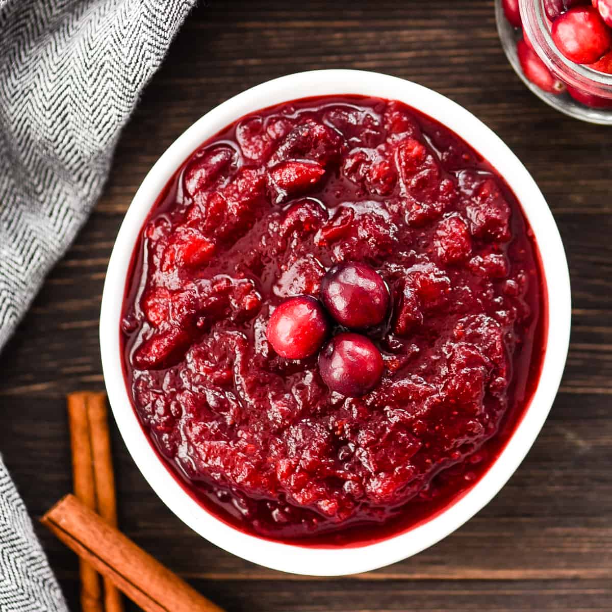 Overhead view of a bowl of Healthy Cranberry Sauce 
