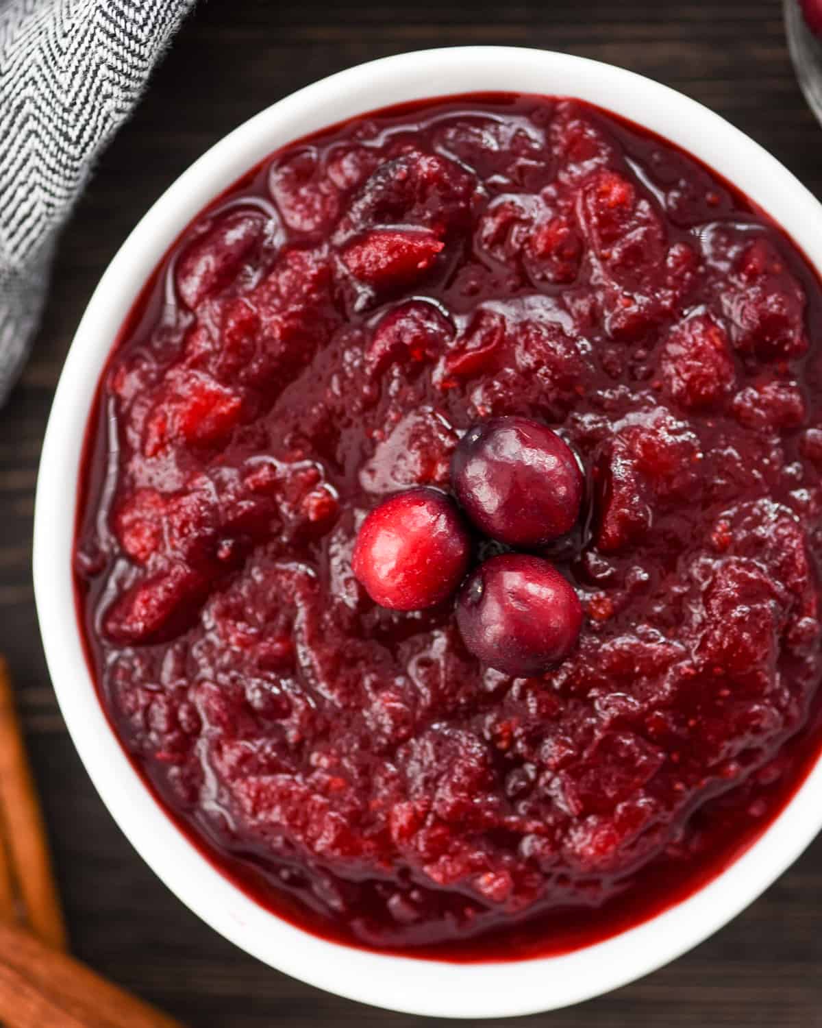 overhead view of a bowl of Healthy Cranberry Sauce